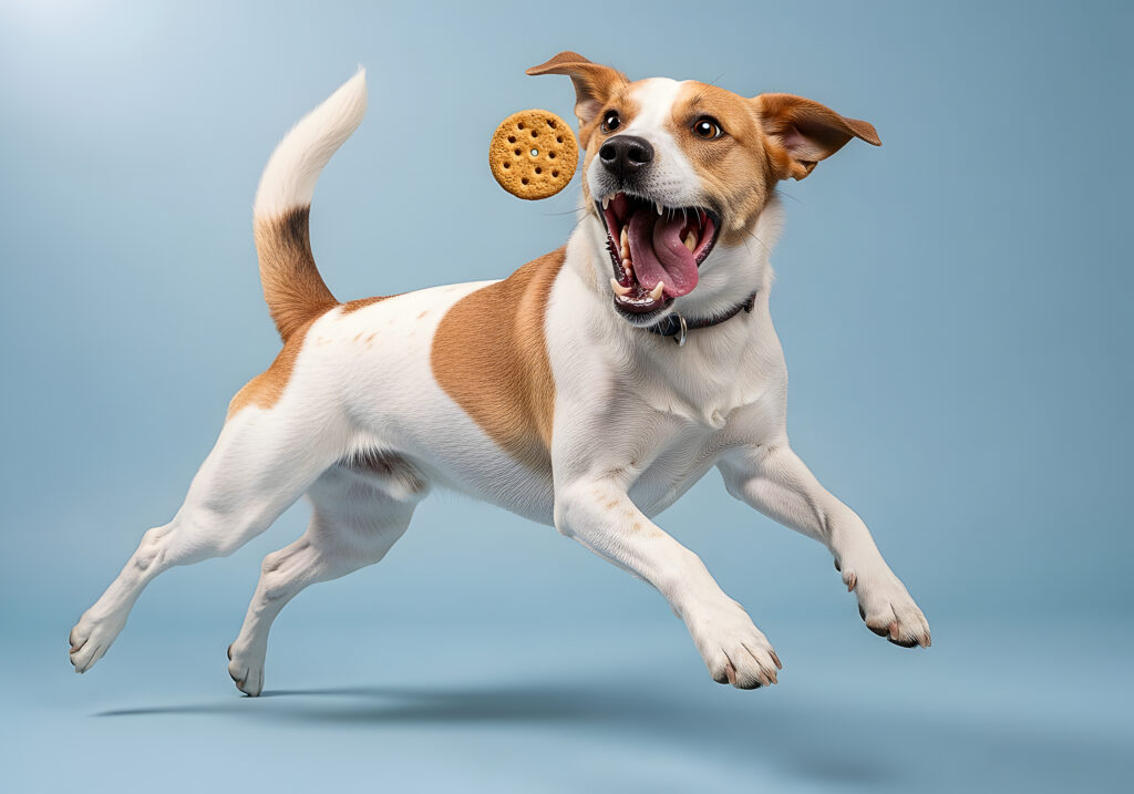 joyful dog leaps to catch a treat, pure excitement captured in motion